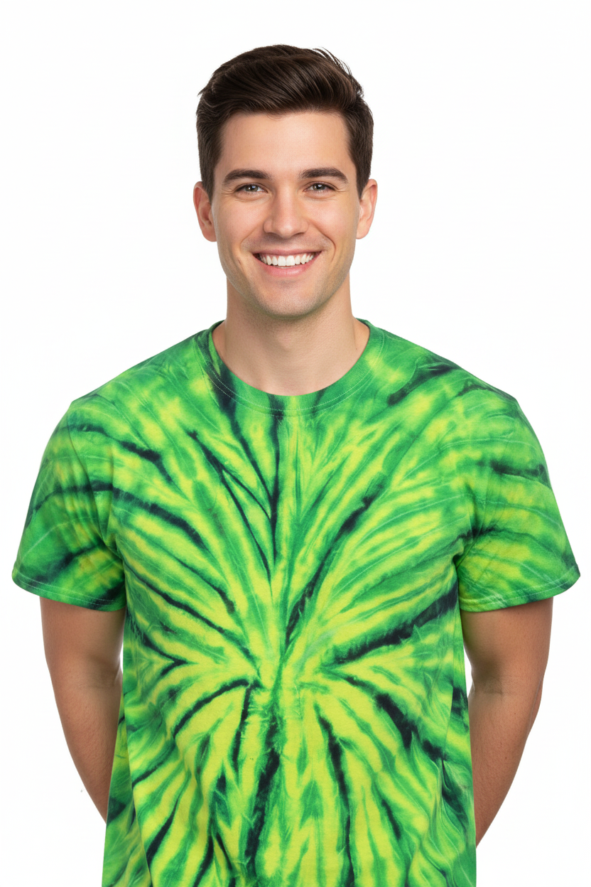 Man wearing Wild Spider tie-dye tee